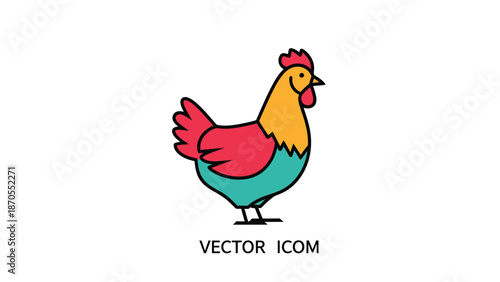 Colorful rooster illustration with vibrant feathers and a detailed comb, vector icon.