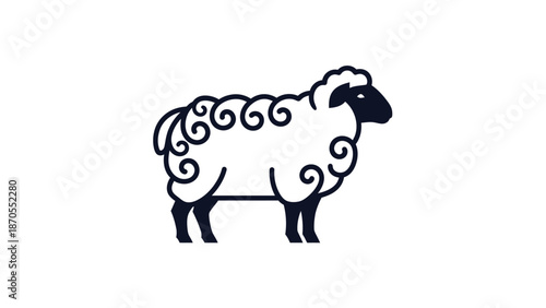 Elegant black and white illustration of a fluffy sheep standing proudly, a charming farm animal.
