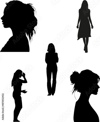 Silhouette graphics featuring a side profile portrait of a woman with a messy bun and a full-body view of a stylish female figure walking forward