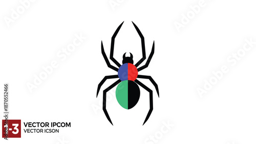 Colorful spider illustration with geometric shapes and vibrant design elements.