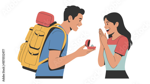 A Proposal on a Journey: A man proposes marriage to his excited partner during a travel adventure, creating a heartfelt moment filled with love and commitment.
