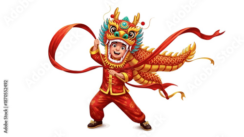 A joyful cartoon boy celebrating a festive occasion in a vibrant Chinese dragon costume, playfully holding flowing red ribbons, embodying cultural tradition and good fortune