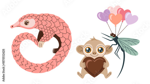 Animal Love Affair: The image is a charming display of love and affection, with two cute animal pairs. a sweet pangolin and small monkey with heart shaped object. a beautiful bug is holding balloons.