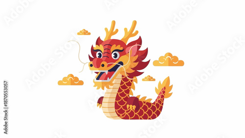 Vibrant traditional Chinese dragon illustration in rich red and gold, gracefully surrounded by auspicious golden clouds, symbolizing prosperity, power, and festive cultural celebration