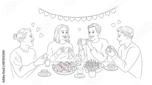 Family Feast of Joy: A sketched illustration captures a heartfelt gathering around a table, friends engaged in a shared feast, celebrating companionship and joy with hearts.