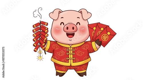 Playful cartoon pig celebrating Lunar New Year, holding traditional firecrackers and lucky red envelopes, symbolizing prosperity, good fortune, and festive cheer for the Asian holiday