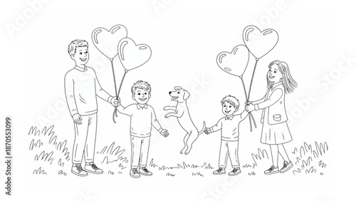 Heart Balloons Joy: A heartwarming depiction of a family celebration, where a happy family, adorned with heart-shaped balloons, embraces the pure joy of togetherness.