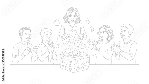 Gift of Affection: A heartwarming illustration depicts a moment of connection and appreciation as a group of people gather around a symbolic gift, emanating love and shared admiration. 