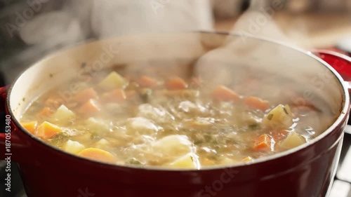Hearty Vegetable Soup Simmering on the Stove - A Delicious and Nutritious Meal.
