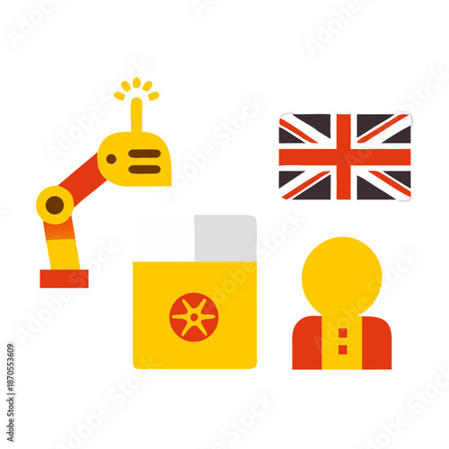 Industrial robotic arm working with machinery and person in the UK.
