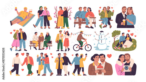 Couple's Moments: Collection of cute couple activities and events in various scenes capturing togetherness and love and different seasons and moods.