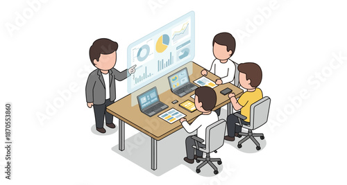Business Presentation with Holographic Data Display (Isometric Illustration)