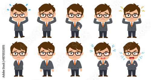 Cartoon Businessman Character Vector Set Showing Negative Emotions: Stress, Anger, Frustration, Sadness, and Worry