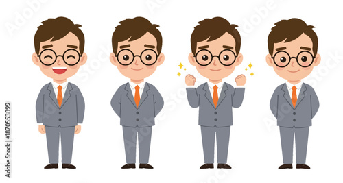 Cartoon Businessman Character Set: Happy, Determined, and Professional Poses in a Suit