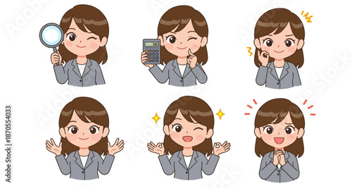 Collection of Cartoon Businesswoman Expressions and Actions featuring Calculator, Magnifying Glass, and Approval Gestures