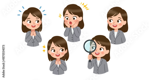 Cute Businesswoman Character Emoticon Set: Shock, Joy, Focus, and Positive Expressions