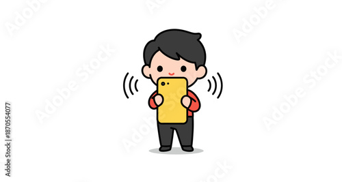 Cute Cartoon Boy Using Voice Command on Smartphone