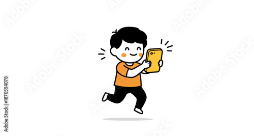 Cute Cartoon Boy Running and Smiling While Using a Smartphone