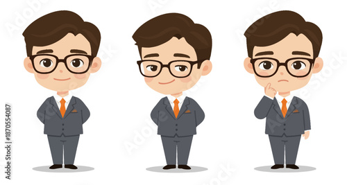 Cute Cartoon Businessman Character with Glasses in Three Different Poses: Smiling, Content, and Pondering