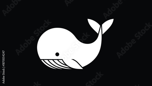Simple white whale illustration on black background, minimalist design, perfect for branding.