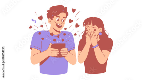 Gift of Affection: A scene of pure romance unfolds as a delighted man presents a heartfelt gift to his equally joyous companion, symbolizing a moment of affection and shared emotion.