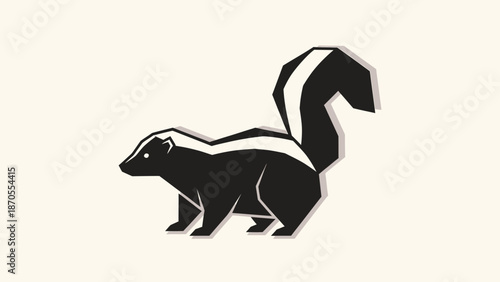 Striking black and white skunk illustration on a neutral background, simple design.
