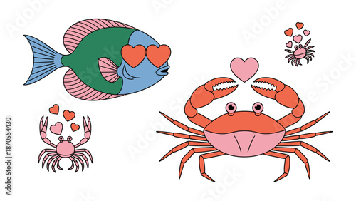 Love in the Ocean: A whimsical and heartwarming illustration capturing the essence of love within the ocean's embrace. With a charming fish and adorable crabs, all sharing hearts.
