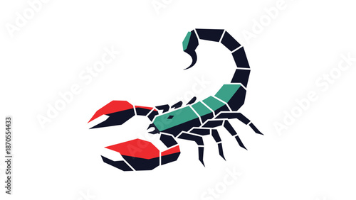Geometric scorpion illustration with vibrant colors and sharp details, isolated on white background.