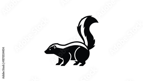Striking black and white skunk illustration on a plain white background, elegant design.