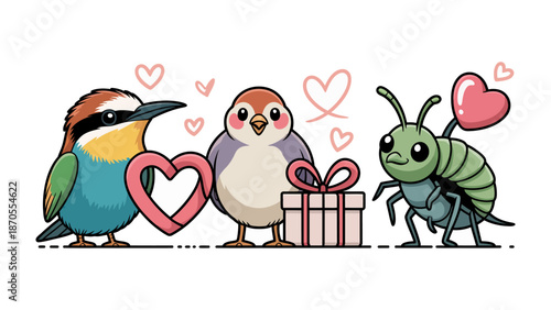 Valentine's Gift: A charming illustration depicts three adorable creatures: a colorful bird, a sweet sparrow, and a friendly insect, each holding a Valentine's Day heart or gift.