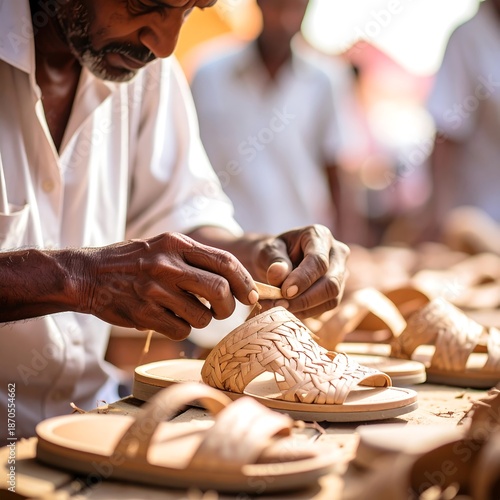 Artisan shaping a sandal's woven leather top, focused, weathered hands craft footwear in bright sunlight