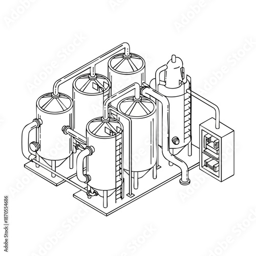 Industrial processing plant with tanks, pipes, and control panel, isometric line drawing, clean vector illustration