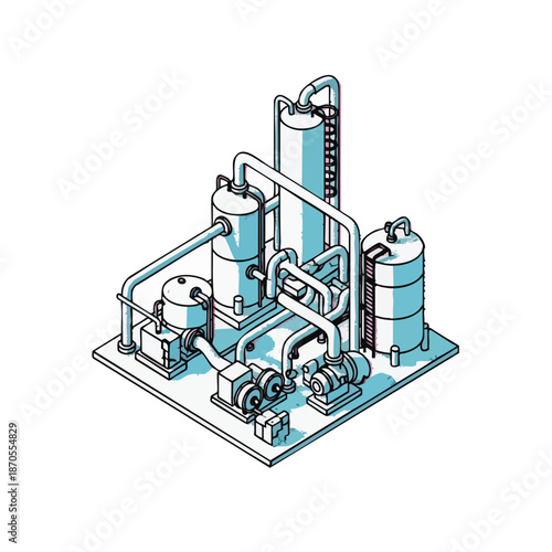 Isometric line art illustration of an industrial processing plant. Complex system with tanks, pumps, and pipes for manufacturing, chemical, or energy industry.