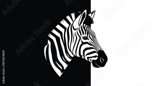 Striking monochrome zebra portrait showcasing intricate patterns and textures, elegant design.