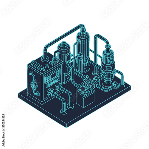 Isometric Wireframe Blueprint of an Industrial Processing Plant, Featuring Pipes, Tanks, and Control Panels for Water Treatment or Chemical Engineering Technology