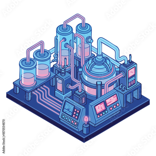 Isometric illustration of a futuristic industrial laboratory or chemical plant with glowing pipes, tanks, and control panels, representing advanced technology and innovation.