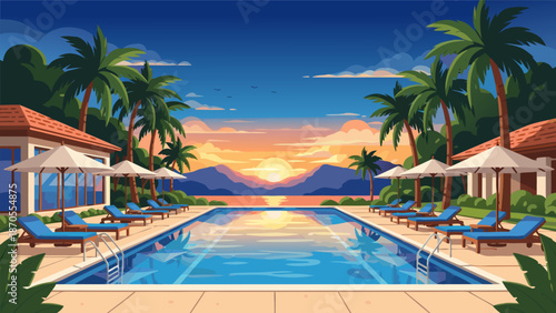 Beautiful Tropical Resort Poolside Sunset Vector Illustration with Lounge Chairs and Palm Trees - Serene Vacation Scenery