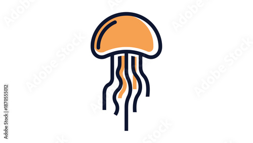 Orange jellyfish illustration with black outlines and flowing tentacles, isolated on white background.