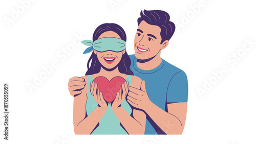 Romantic Gesture: A captivating illustration of a man and woman. The woman, eyes hidden, holds a heart, her face alight with anticipation, while the man offers a supportive embrace.