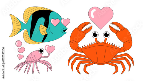 Undersea Love Affair: An adorable illustration captures a heartwarming scene, featuring a fish, crab, and shrimp, all expressing affection with heart-shaped symbols in this underwater romantic scene.