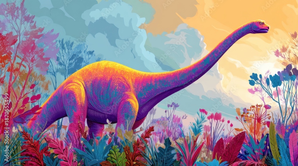 Fototapeta premium Vibrant dinosaur in colorful prehistoric landscape at sunset