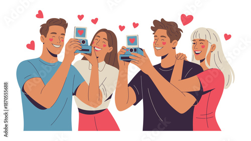 Love and Lenses: Joyful individuals capture cherished memories through vintage cameras. Delicate heart shapes symbolize love and togetherness. 
