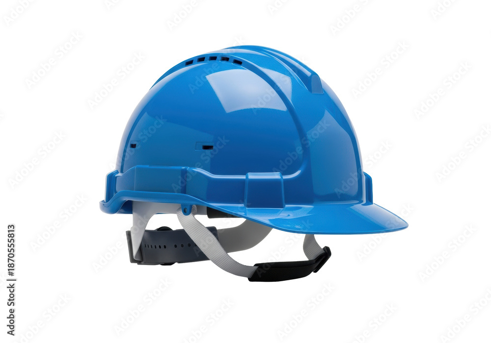 Fototapeta premium Ultra-detailed, vibrant electric blue plastic safety helmet (hard hat) showing a glossy finish and internal harness, isolated on a transparent background with copy space. Concept of industrial