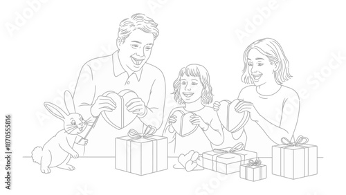 Joyful Family Unwrapping Presents: A happy family gathered together, filled with laughter and excitement as they open gifts. The focus is on the warmth and connection of the moment.