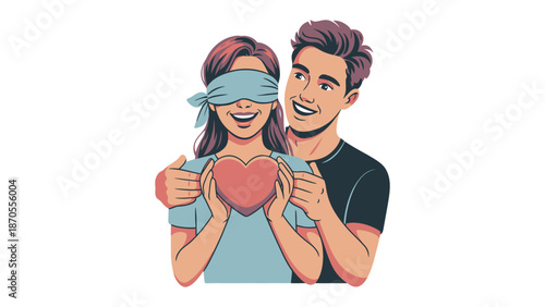 A Tender Moment: A couple shares a tender moment. With one person's eyes veiled in a ribbon, and holding a heart as a symbol of love and affection. It's a scene of vulnerability, trust.