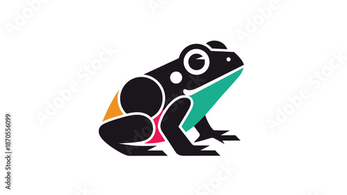 Stylized frog illustration with geometric shapes and vibrant colors, minimalist design.
