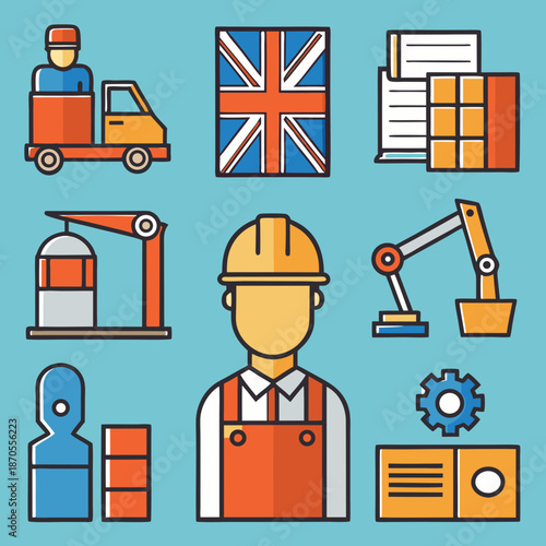 Industrial worker with machinery and shipping icons on blue background.