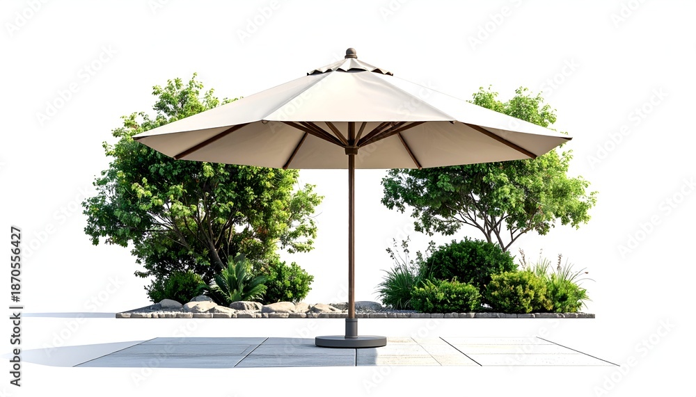 custom made wallpaper toronto digitalA patio scene with a large umbrella, plants, and paving stones, against a white backdrop