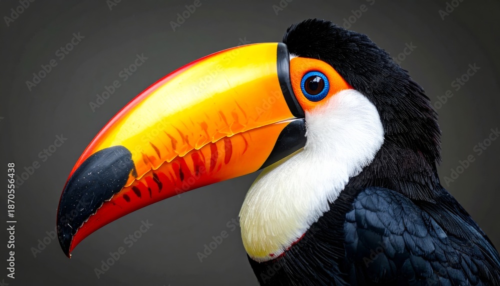 Naklejka premium A colorful wild toco toucan with a bright yellow beak and exotic feathers sits isolated on a black background in a tropical Brazil rainforest jungle scene