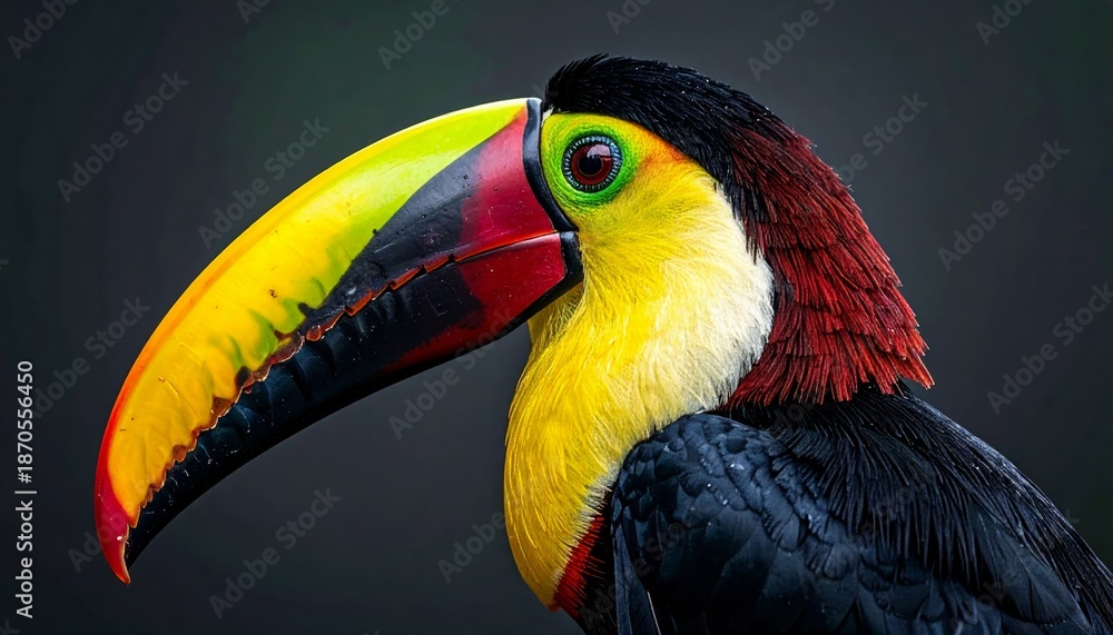 Naklejka premium A colorful wild toco toucan with a bright yellow beak and exotic feathers sits isolated on a black background in a tropical Brazil rainforest jungle scene